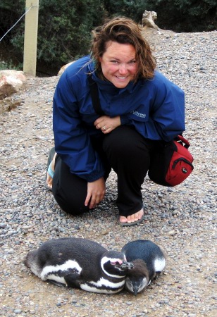Megan with penguins