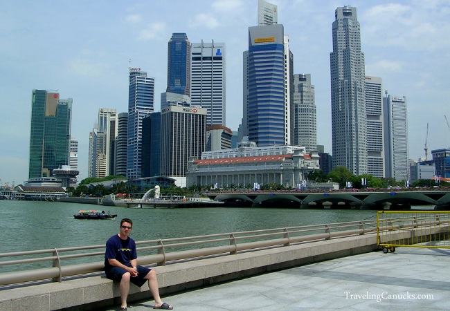 Cam in front of the Singapore skyline