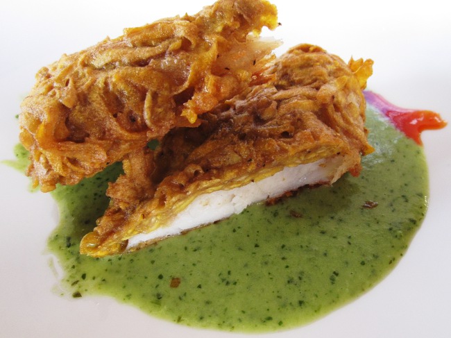 Plantain encrusted halibut with cilantro cream at Crispy y Relleno in Pinones, Puerto Rico Plantain encrusted halibut with cilantro cream at Crispy y Relleno in Pinones, Puerto Rico