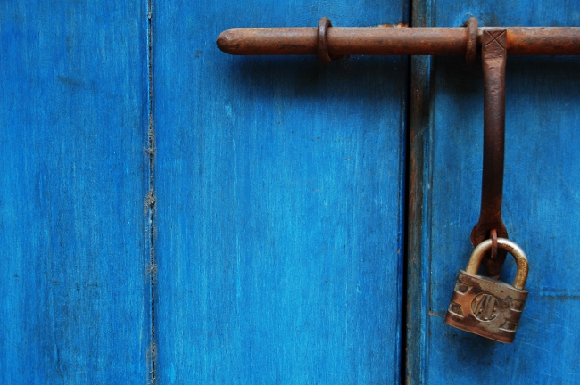 Blue Door in the historic center of Cartagena, Colombia