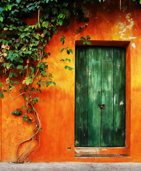 Green door in the historic center of Cartagena, Colombia