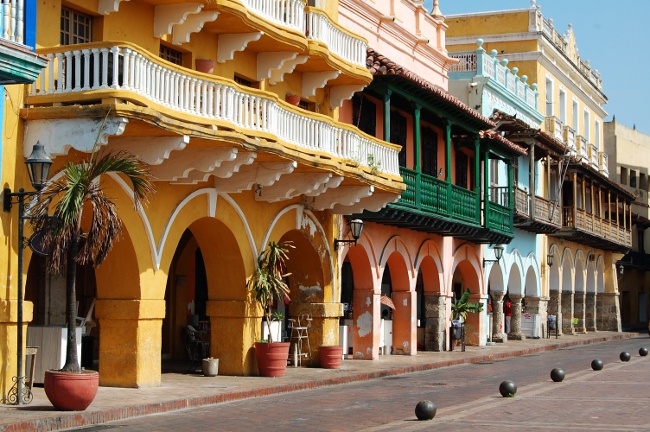 Old town Arcades in the historic center of Cartagena, Colombia